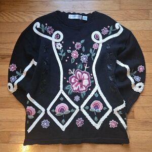 Floral Embroidered Black Sweater Grandma Core Cottage Core